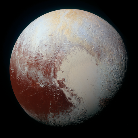 NASA New Horizons image of the face of Pluto in enhanced color.