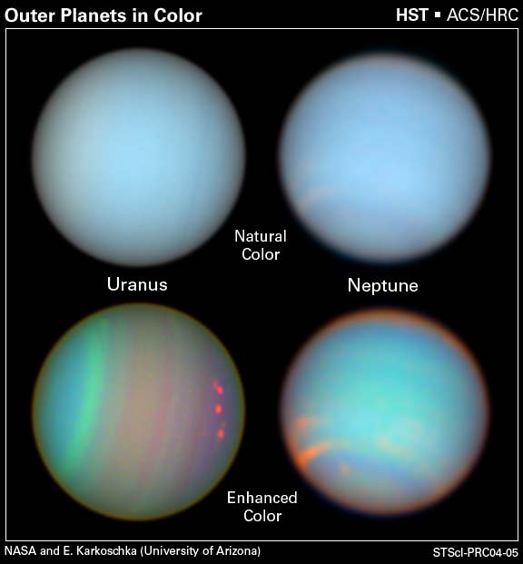 Hubble images of the planets Uranus and Neptune with both natural and enhanced color