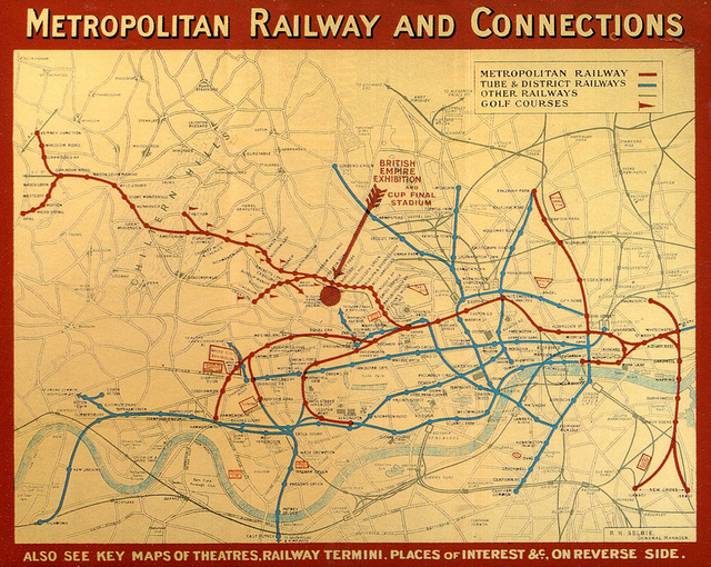 Old railroad map of metropolitan railway and connections.