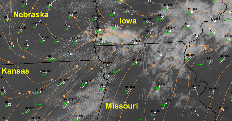 A surface streamline analysis superimposed over a satellite imagery and station model plot.