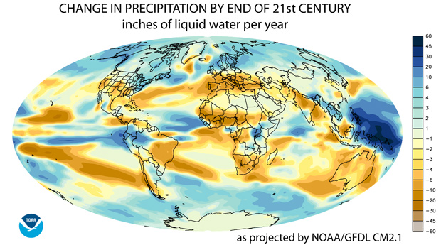 Projected global precipitation changes by the end of the 21st century, showing increases and decreases in various regions.