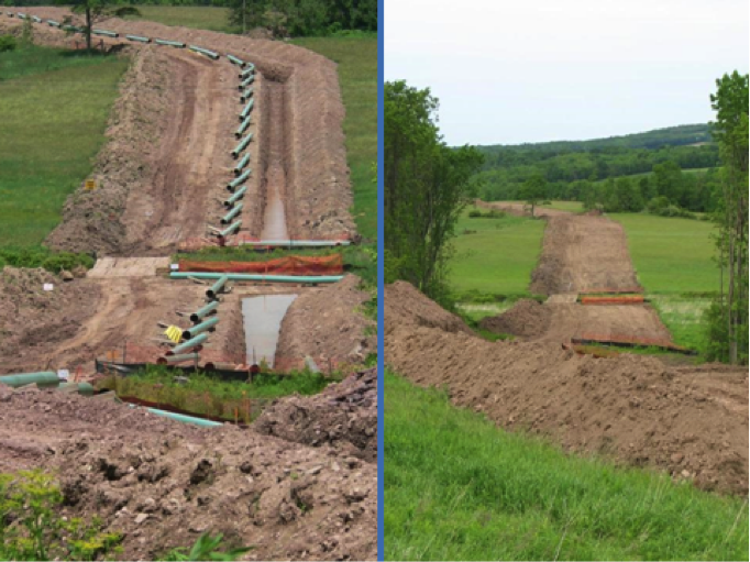 right-of-way during construction (left) and ready for topsoil to be replaced (right)