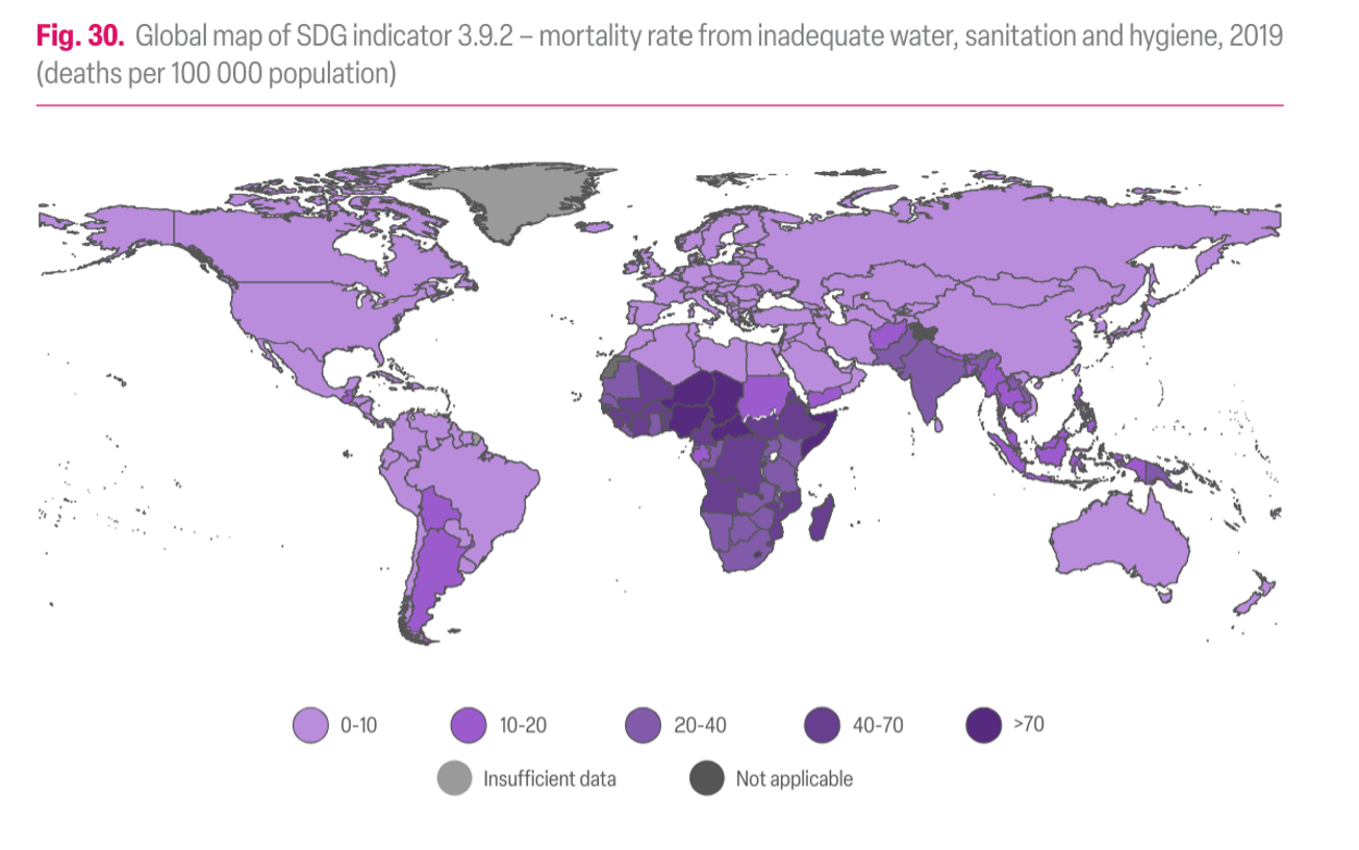 World map shows deaths attributed to water supply and sanitation. Most deaths in Africa, India followed by central and southern America