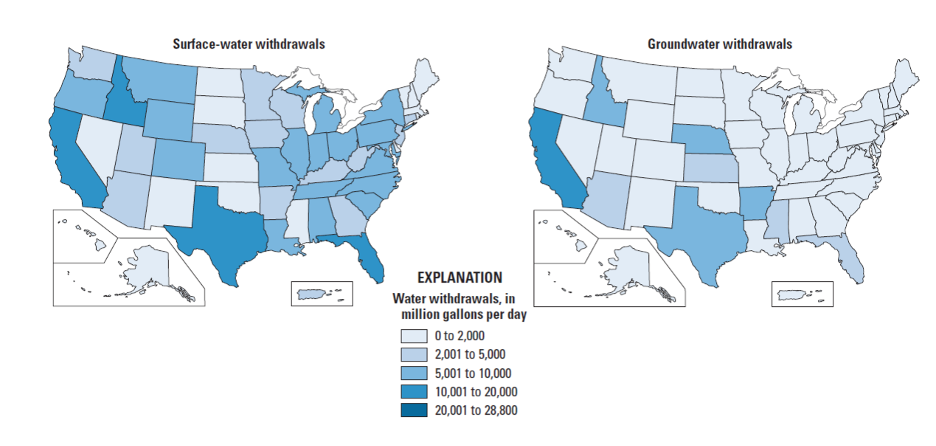 Total surface water abstractions (left) and groundwater abstractions (right) by state