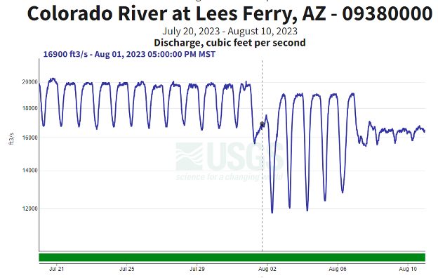 Typical summer discharge pattern on the Colorado River below the Glen Canyon Dam.