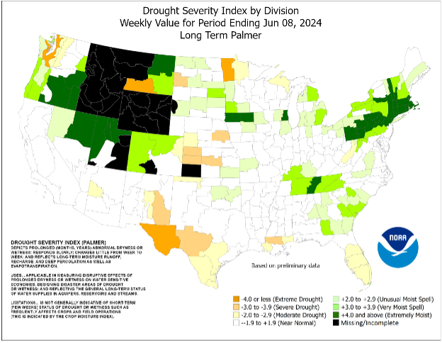 Map of the U.S. showing areas of severe drought in California and the Southwest and areas of extremely moist soil in the northern states.