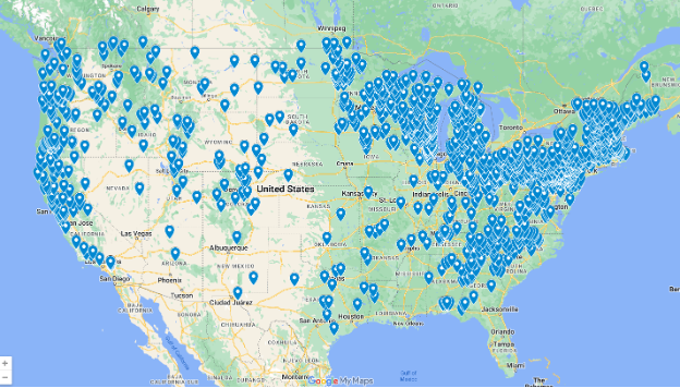 Map of removed dams. Most dams on East coast with others concentrated on other large waterfronts