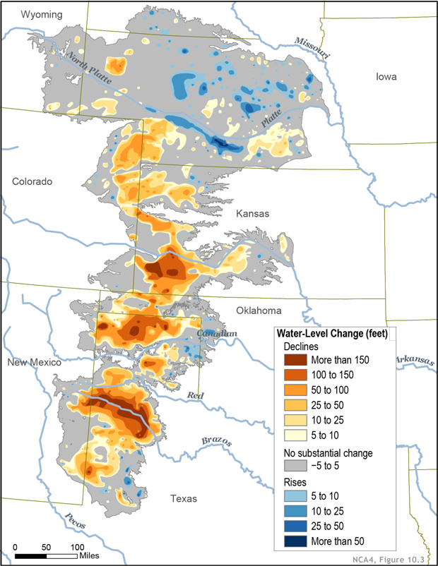 Main decrease falls along state boarders between Kansas & Colorado, Oklahoma/Texas and New Mexico