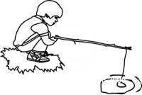 black and white drawing of a boy fishing with a stick.