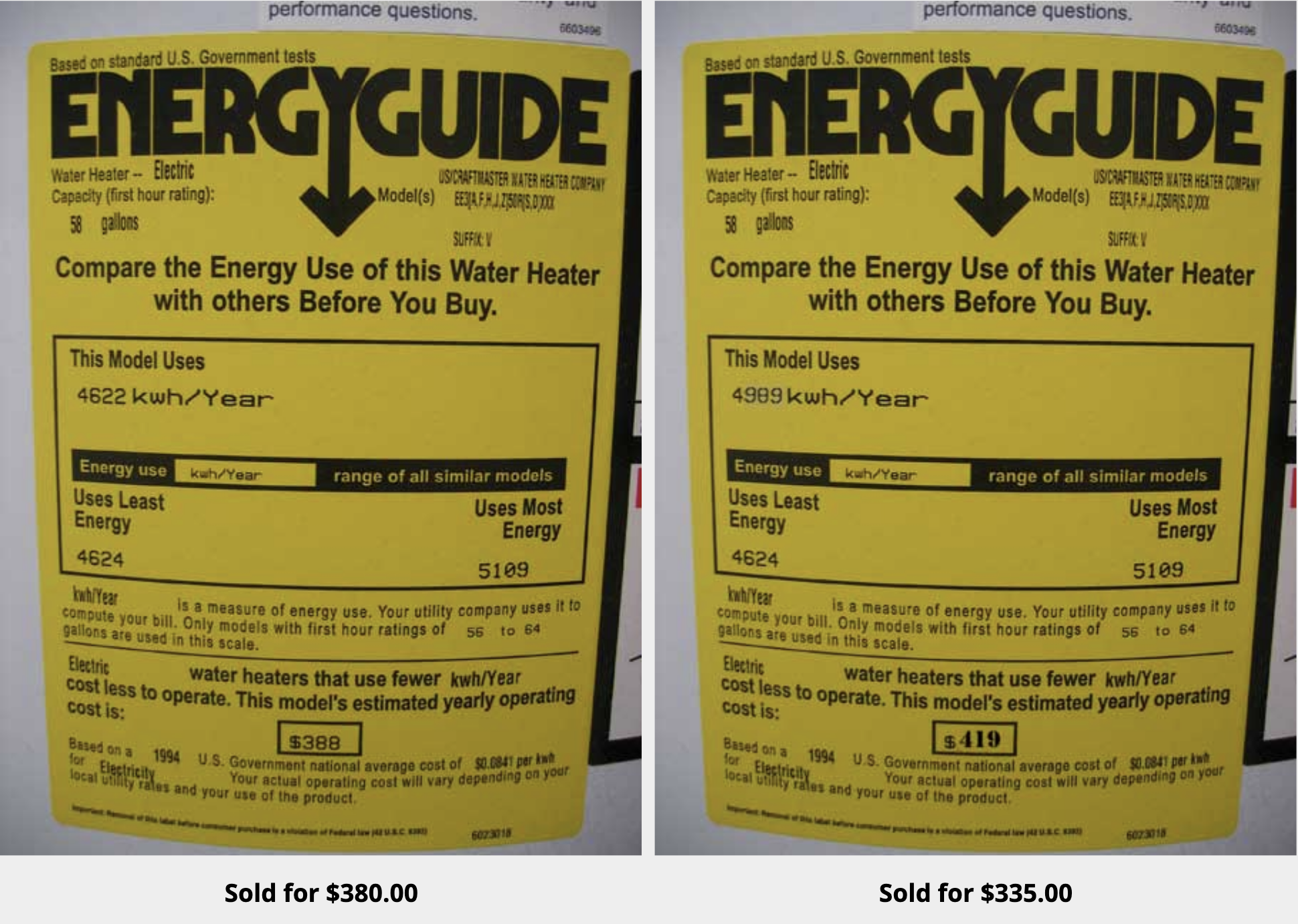 EnergyGuide Label for the $388.00 Water Heater