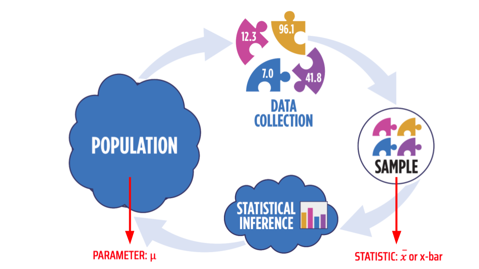 cyclical diagram showing how a data is collected from a population to quantify as a statistic to measure and make an inference; as described in the text above