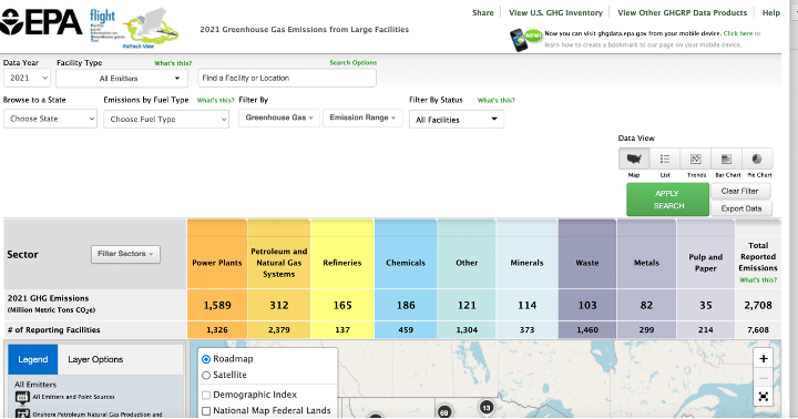 screen capture of EPA's web app: Facility Level Information on GreenHouse gases Tool