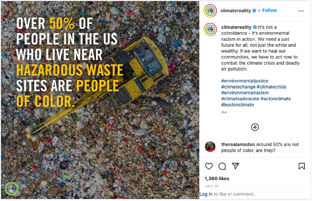 Instagram image that state over 50% of people in the US who live near hazardous waste sites are people of color