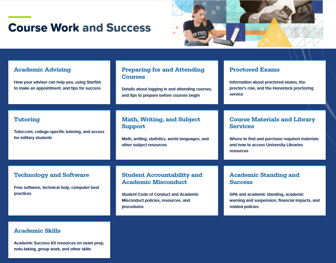 Screenshot of the World Campus Student Website. More in surrounding text. 