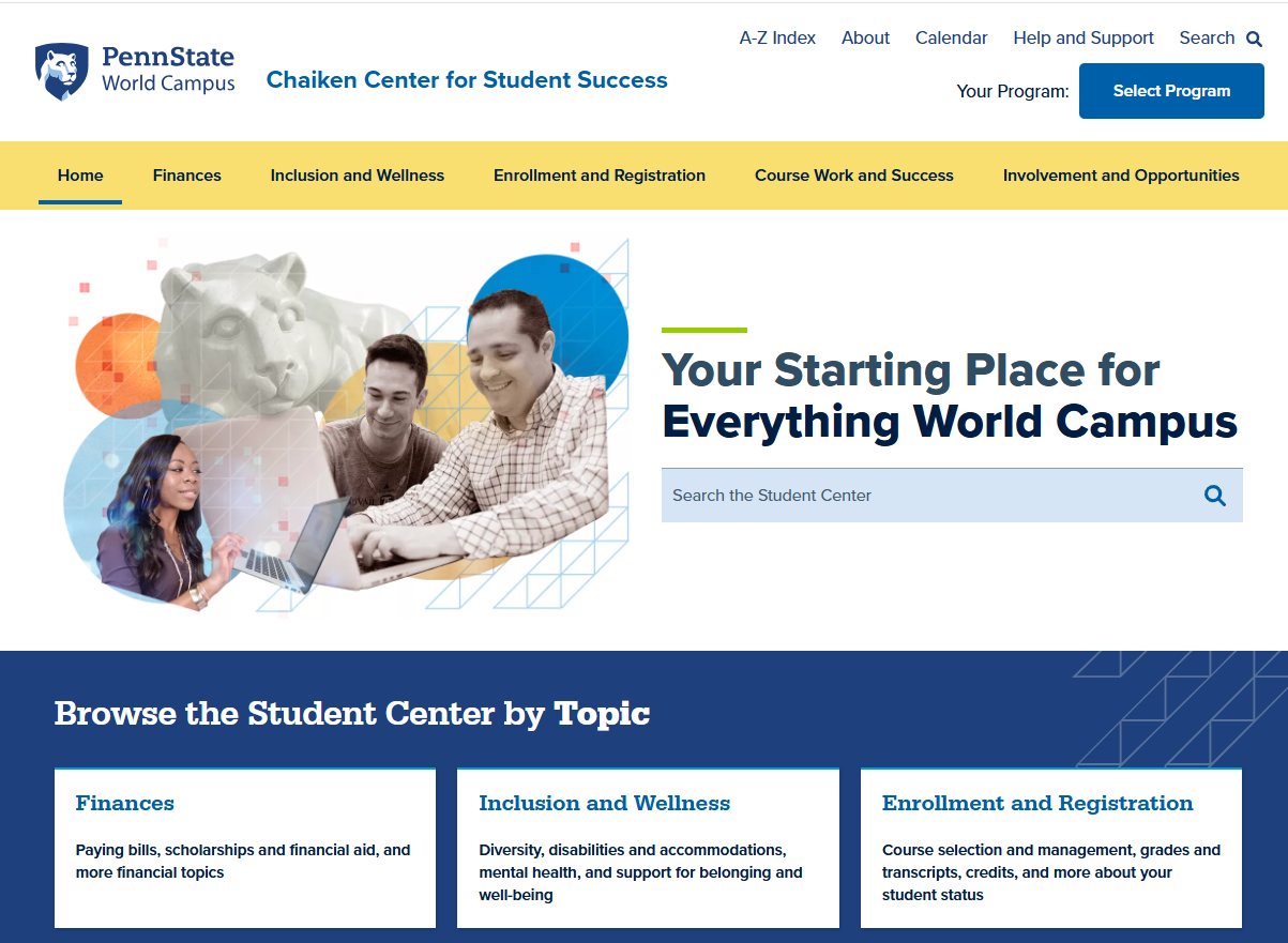 Screenshot of the World Campus Student Website. More in surrounding text. 