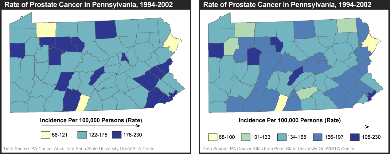 Tasa de cáncer de próstata en los mapas de AP. El mapa de la derecha con 5 clases es mucho más específico