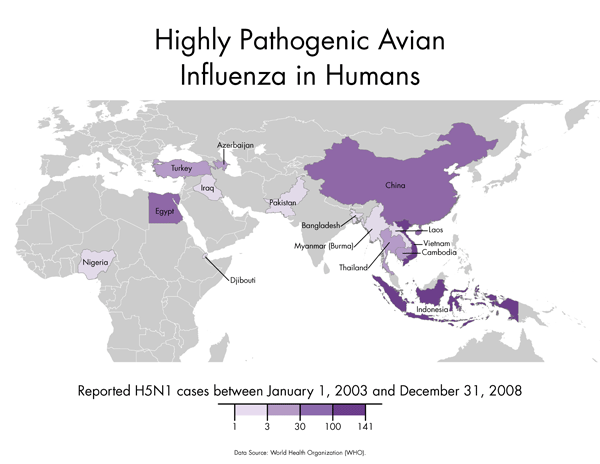 Gripe Aviar Altamente Patógena en Humanos con esquema de color secuencial para mostrar el impacto. Alto impacto en China, bajo en Nigeria