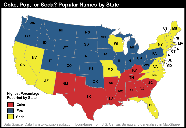 Termine popolare (coke, pop, o soda) a maggioranza per ciascuno degli stati contigui. Il Nord usa Pop, il Sud usa Coke e le coste usano Sode