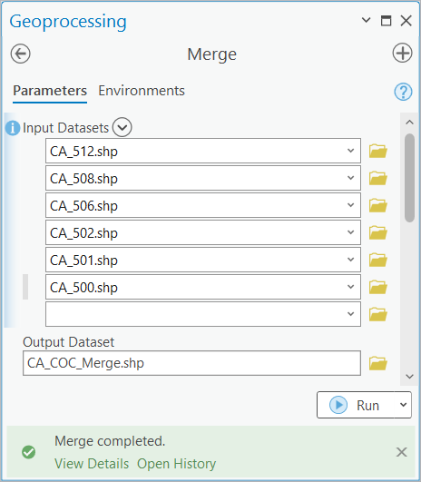 Screenshot of the Geoprocessing window with six CA CoC shapefiles.