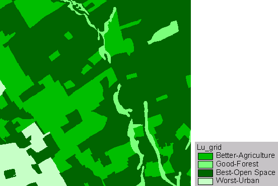 Land use grid: better-agriculture, good-forest, best-open space, worst-urban.