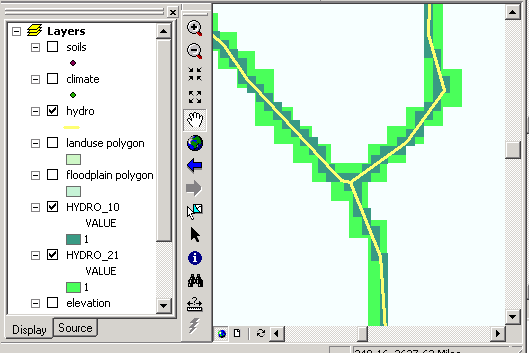 Screen capture showing the difference in area when a vector hydrology layer is converted to raster.