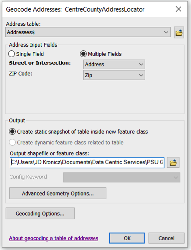 Geocode Addresses window, see text below for more details.