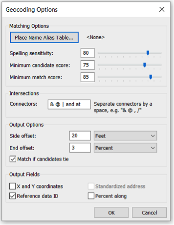 Geocoding Options window. Image is described in more detail below.