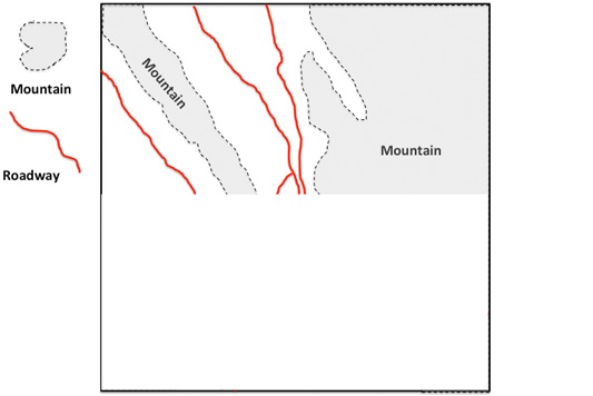 Map showing mountainous terrain with roadways marked in red lines and mountains in dashed lines.