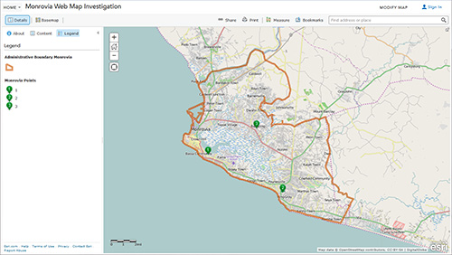 ArcGIS Online map showing the locations of the three possible clinic locations.