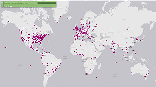 ArcGIS Online map showing student location pins.