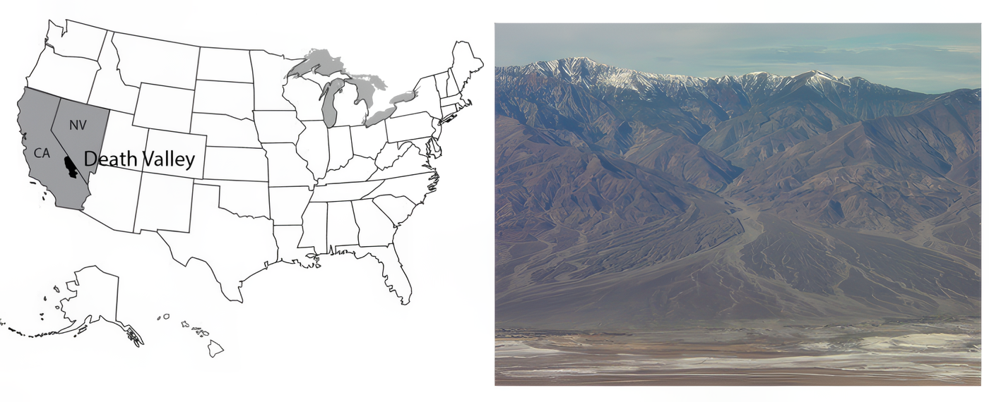 Left: Map of US, Death Valley marked along southern California-Nevada border. Right: Mountains of Death Valley