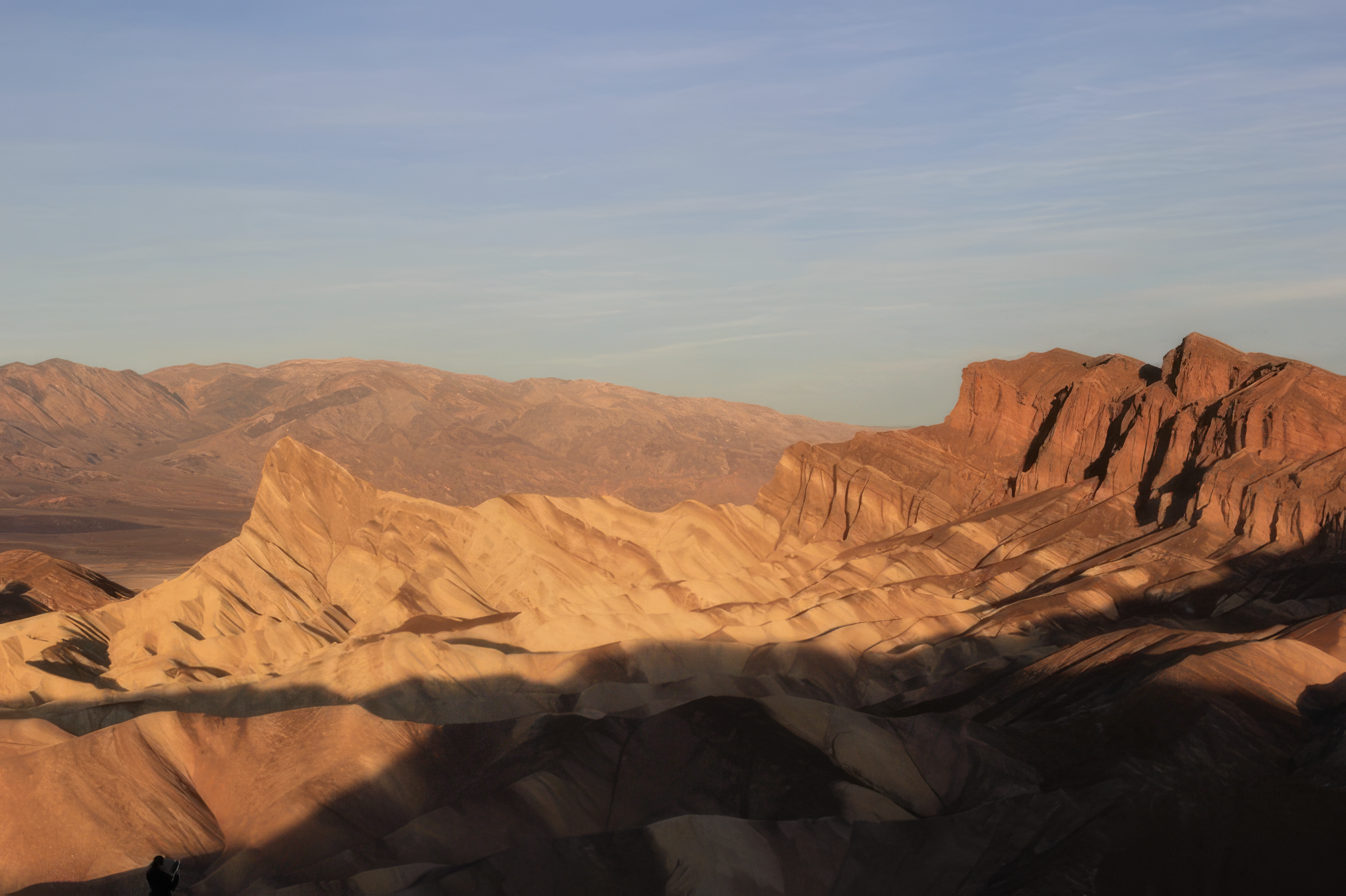 A mountain range along Death Valley. The foreground is in shadow.