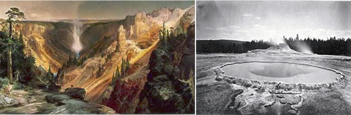 Painting by Thomas Moran (left), and photograph by William Henry Jackson (right).