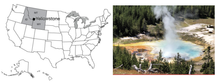 map of the US with Idaho, Montana, and Wyoming highlighted and Yellowstone National Park noted along the borders.