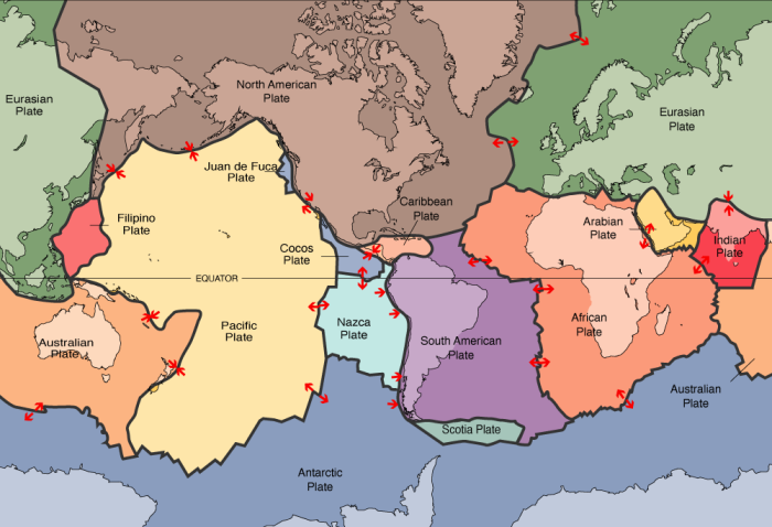 Map of the world with boundaries of tectonic plates highlighted.