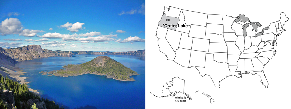 Picture of Wizard Island, within the huge Crater Lake and map with Crater Lake highlighted