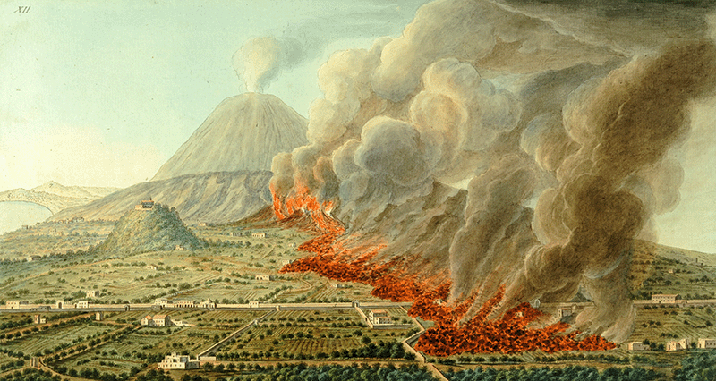 Mt Vesuvius erupting in background with city in the foreground