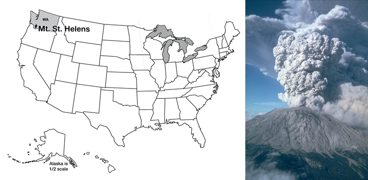 Mt. St. Helens erupting and a map of US with Mt. St. Helens, Washington highlighted