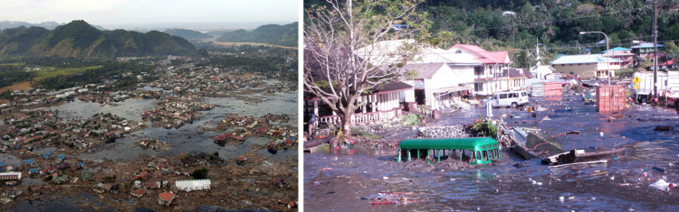 effects of tsunami's off the coast of the Indian Ocean. Towns are flooded with water.