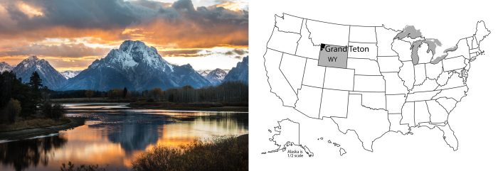 Left: Peaks of the Grand Tetons, Wyoming. Right: Map of US with Grand Teton NP highlighted