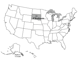 Map of the U.S. with South Dakota and the Badlands highlighted