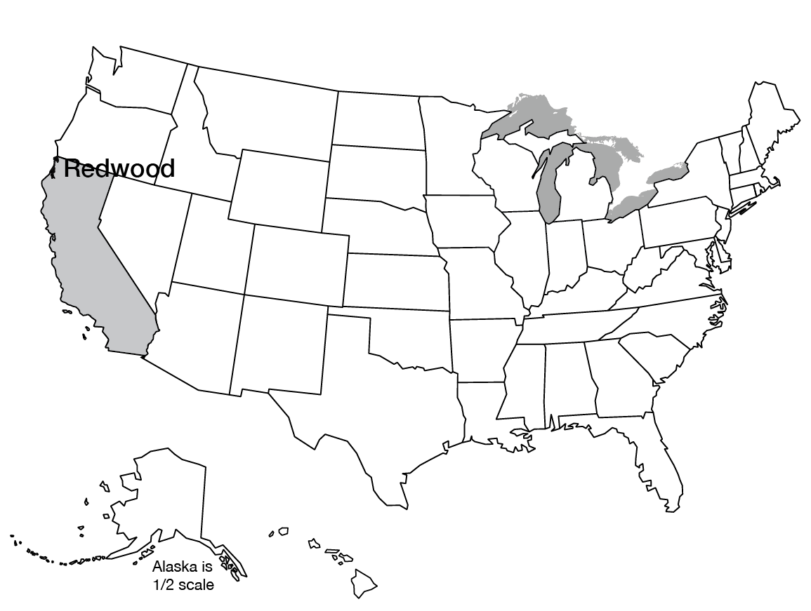 Map of US with Redwood National Park, California highlighted