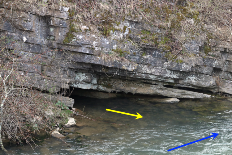 a small cave with water flowing out of it. See caption for details