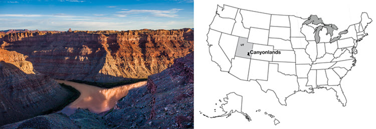 Muddy Colorado River and US map with Canyonlands NP, Utah highlighted