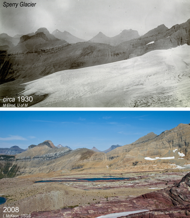 Two Sperry Glacier photos 1930 and 2008. 2008's photo has a body of water there, 1930s doesn't.