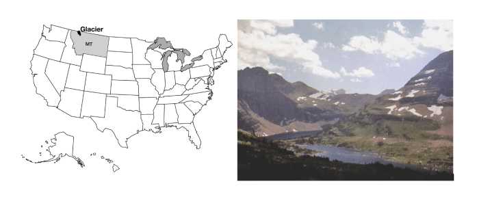 Left: US Map with Glacier marked in MT. Right: View from near Logan Pass at Glacier.