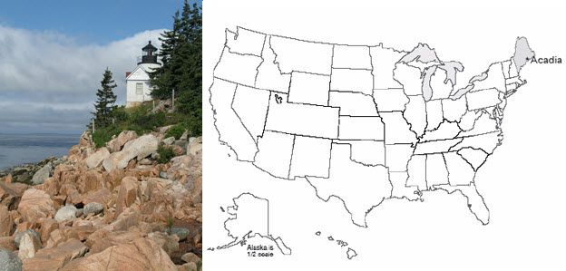 Left - rocky coastline, Right - map of US with Acadia National Park, Maine highlighted