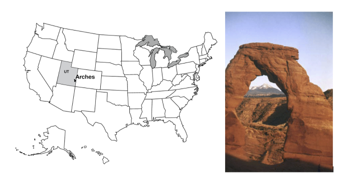 Left: Map of US with Arches National Park marked; Right: Delicate Arch