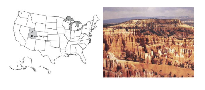 Left: US Map with Bryce Canyon National Park marked; Right: View of Bryce Canyon