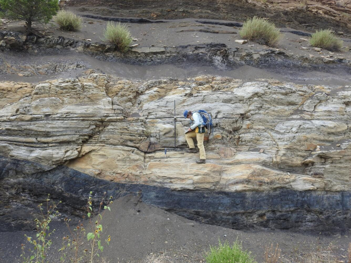 Research Geologist Marieke Dechesne describes fluvial deposits of the Paleocene Raton Formation